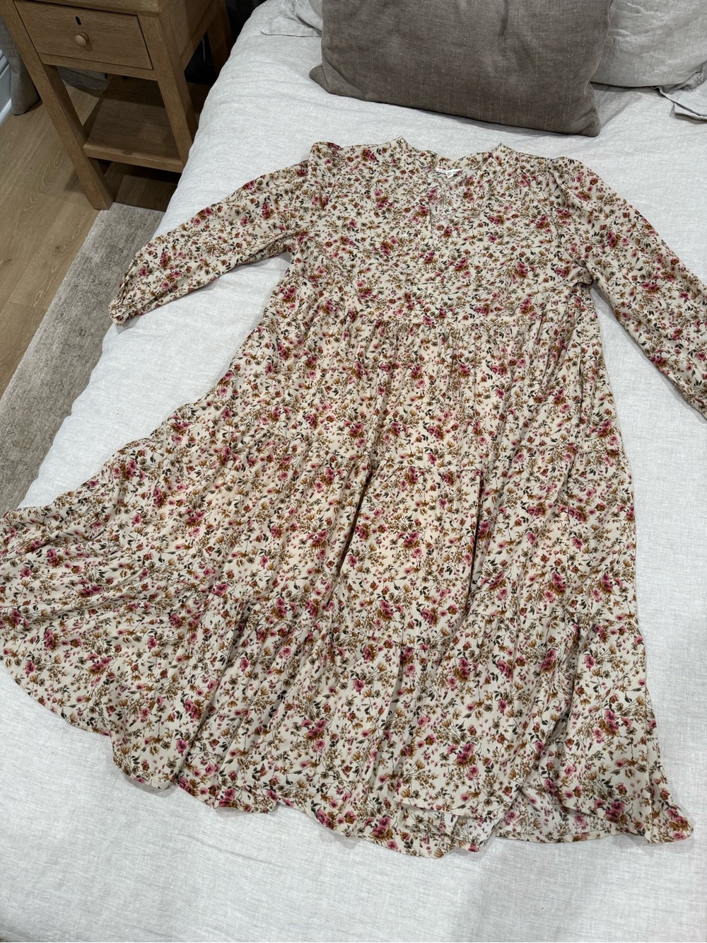 Chic Soul Cream Long Sleeve Floral Tiered Dress with Pink Rose Print